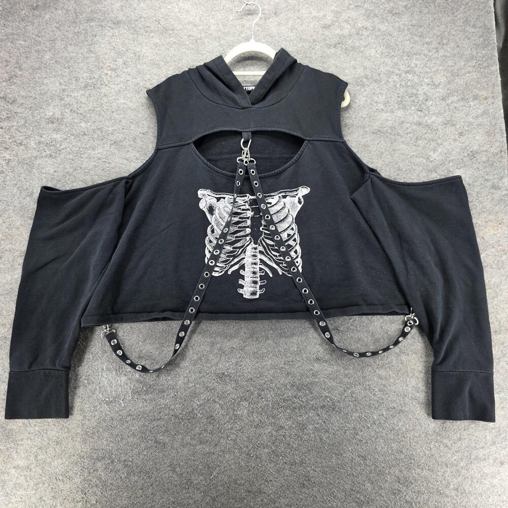 Hot Topic Hoodie Womens M Black Pullover Skeleton Graphic Harness Cropped Gothic